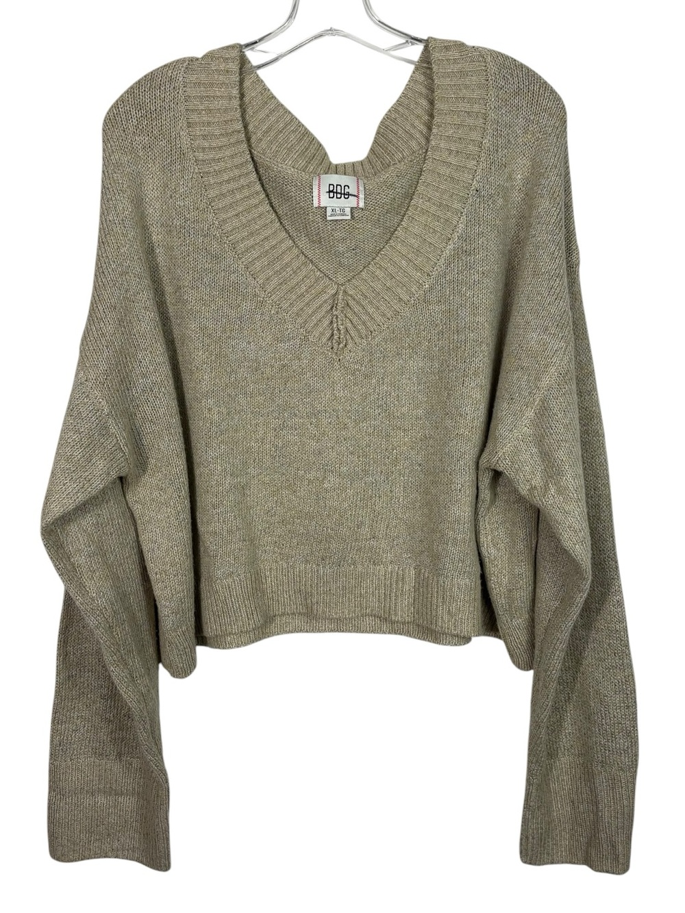 BDG Urban Outfitters Khaki Boxy Crop Fit V-Neck Oversized Sweater Top Minimal XL